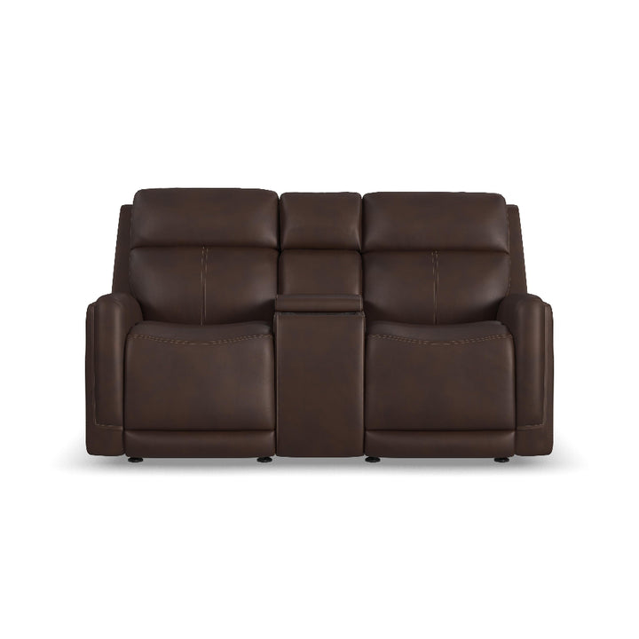 Alister Leather Power Gliding Loveseat with Console, Power Headrests &amp; Lumbar in Burnt Umber