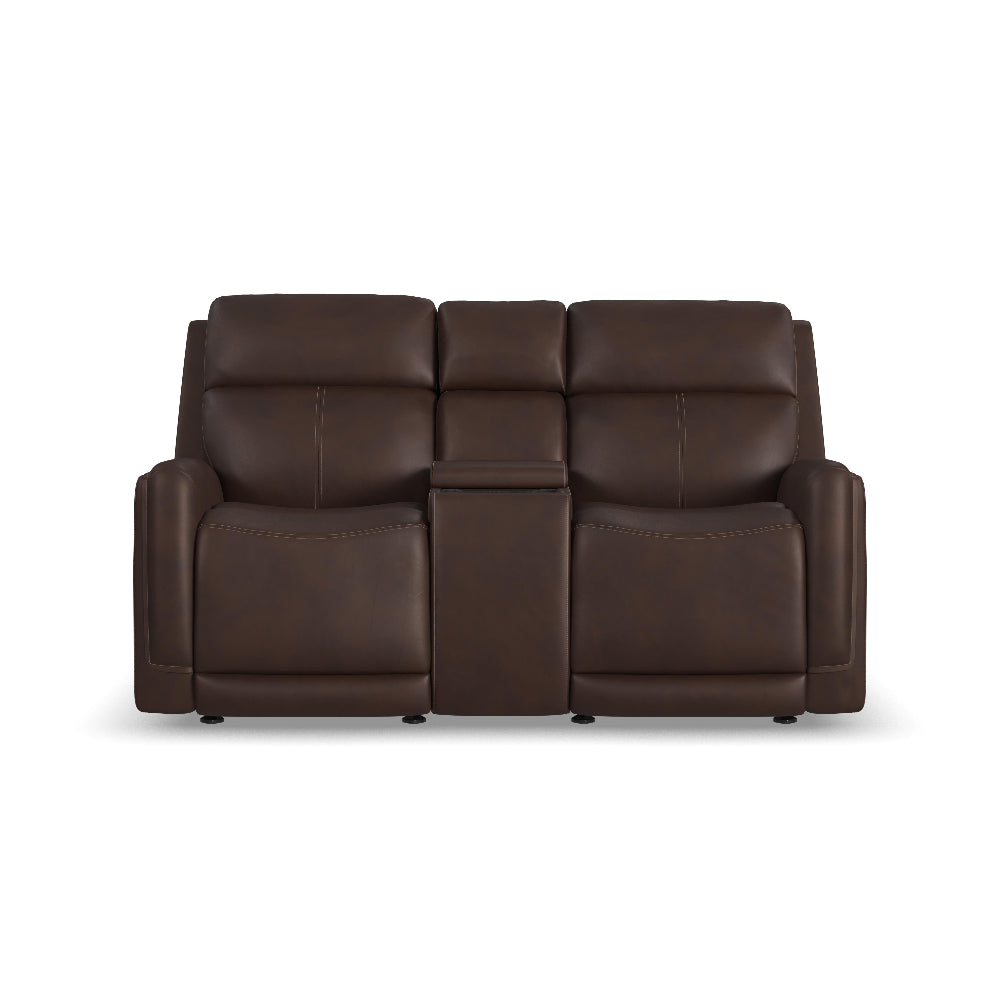 Alister Leather Power Gliding Loveseat with Console, Power Headrests & Lumbar in Burnt Umber
