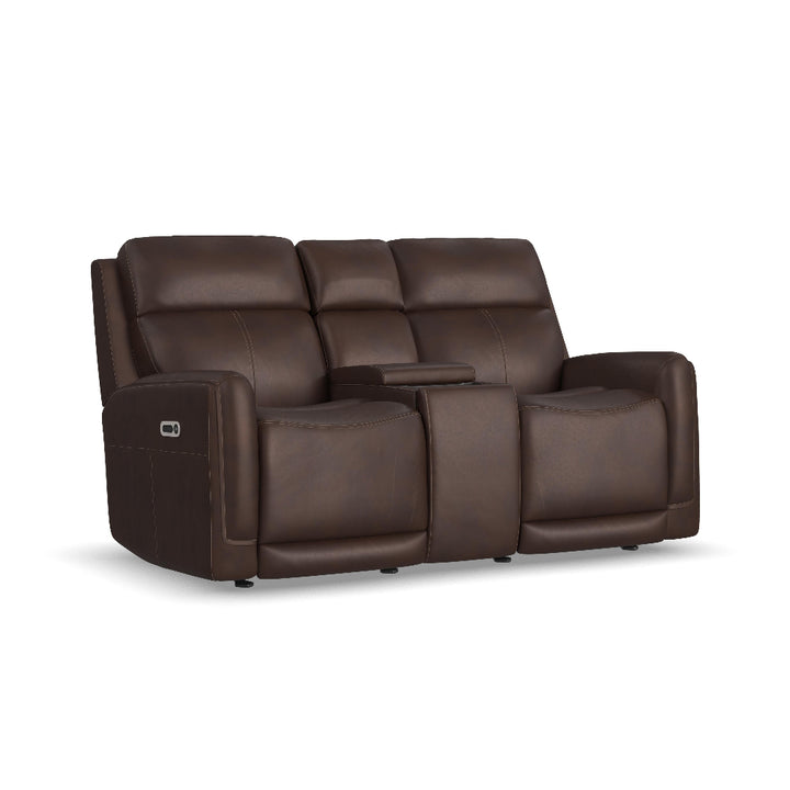Alister Leather Power Gliding Loveseat with Console, Power Headrests &amp; Lumbar in Burnt Umber