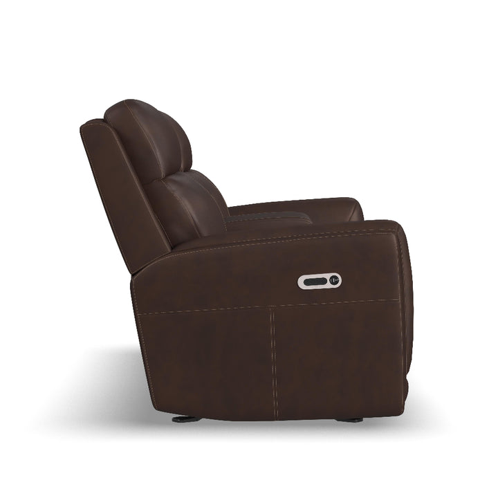 Alister Leather Power Gliding Loveseat with Console, Power Headrests &amp; Lumbar in Burnt Umber