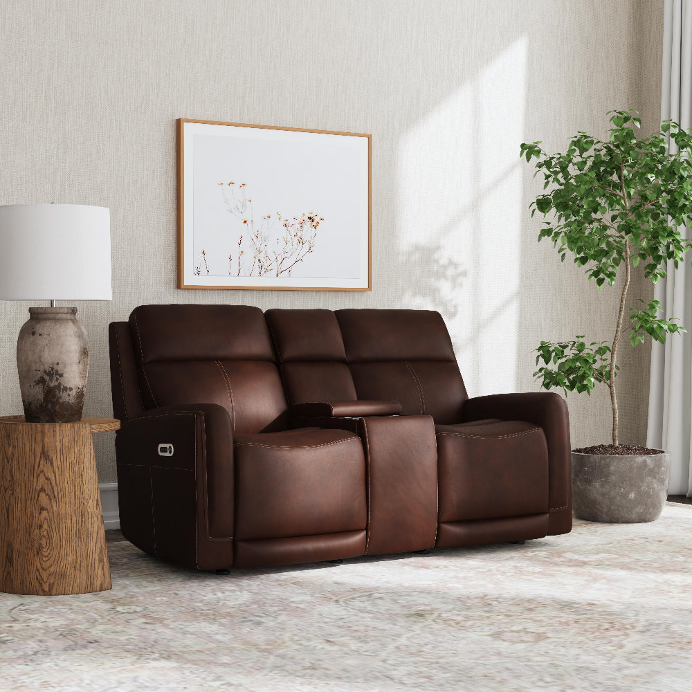 Alister Leather Power Gliding Loveseat with Console, Power Headrests & Lumbar in Burnt Umber
