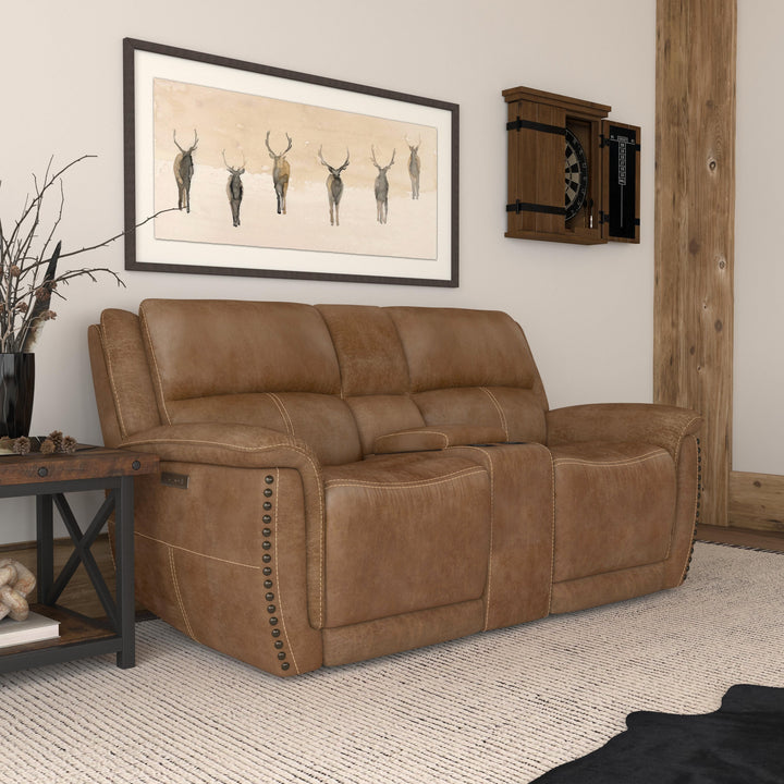 Beau Fabric Power Reclining Loveseat with Console &amp; Power Headrests in Silt