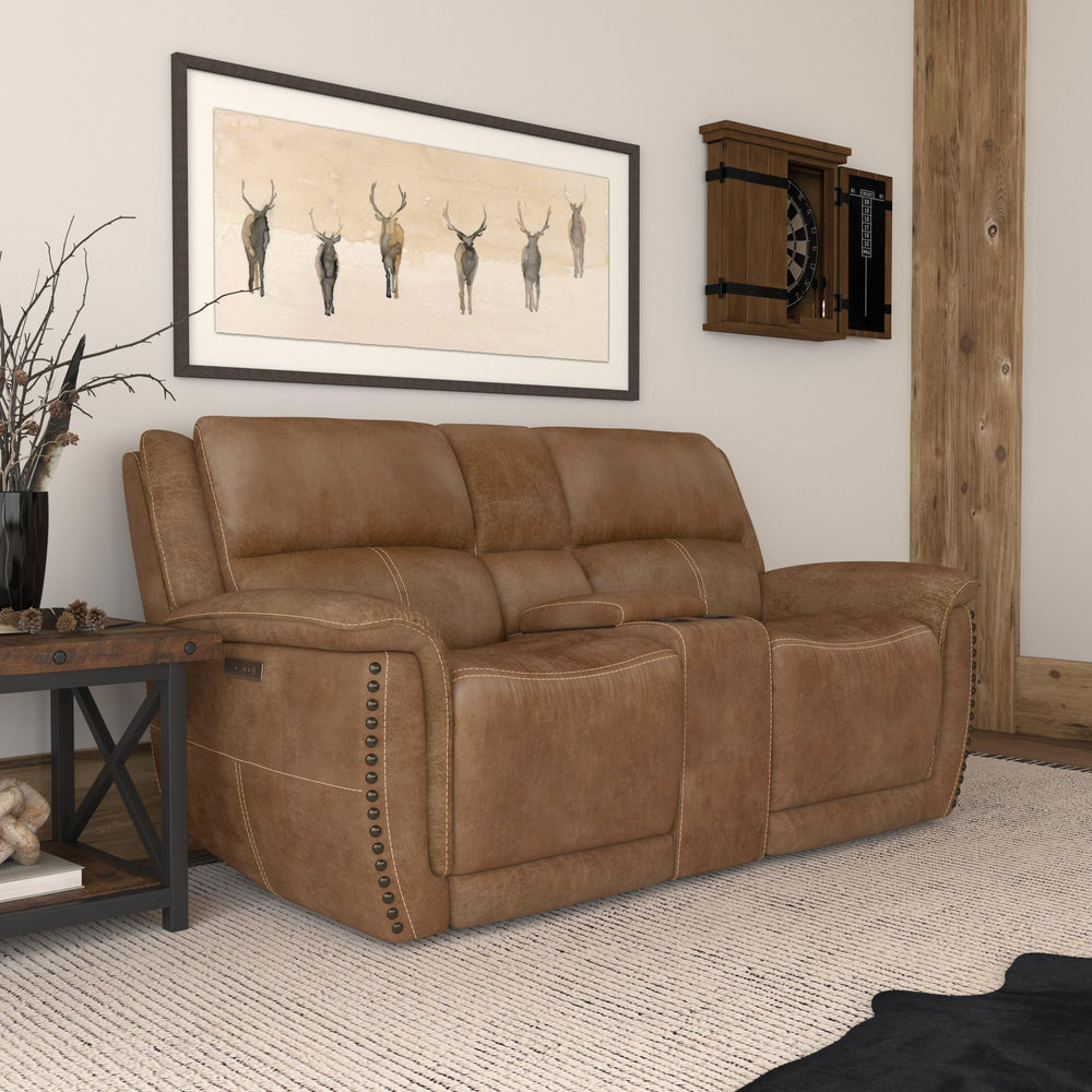 Beau Fabric Power Reclining Loveseat with Console & Power Headrests in Silt