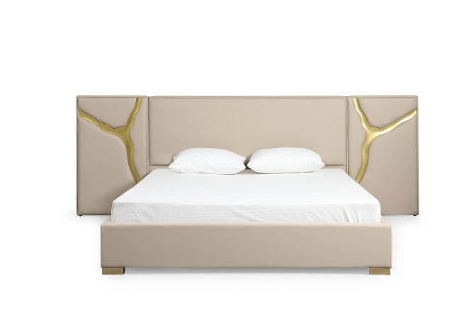 Aspen - Glam Beige Bonded Leather &amp; Gold Q Bed