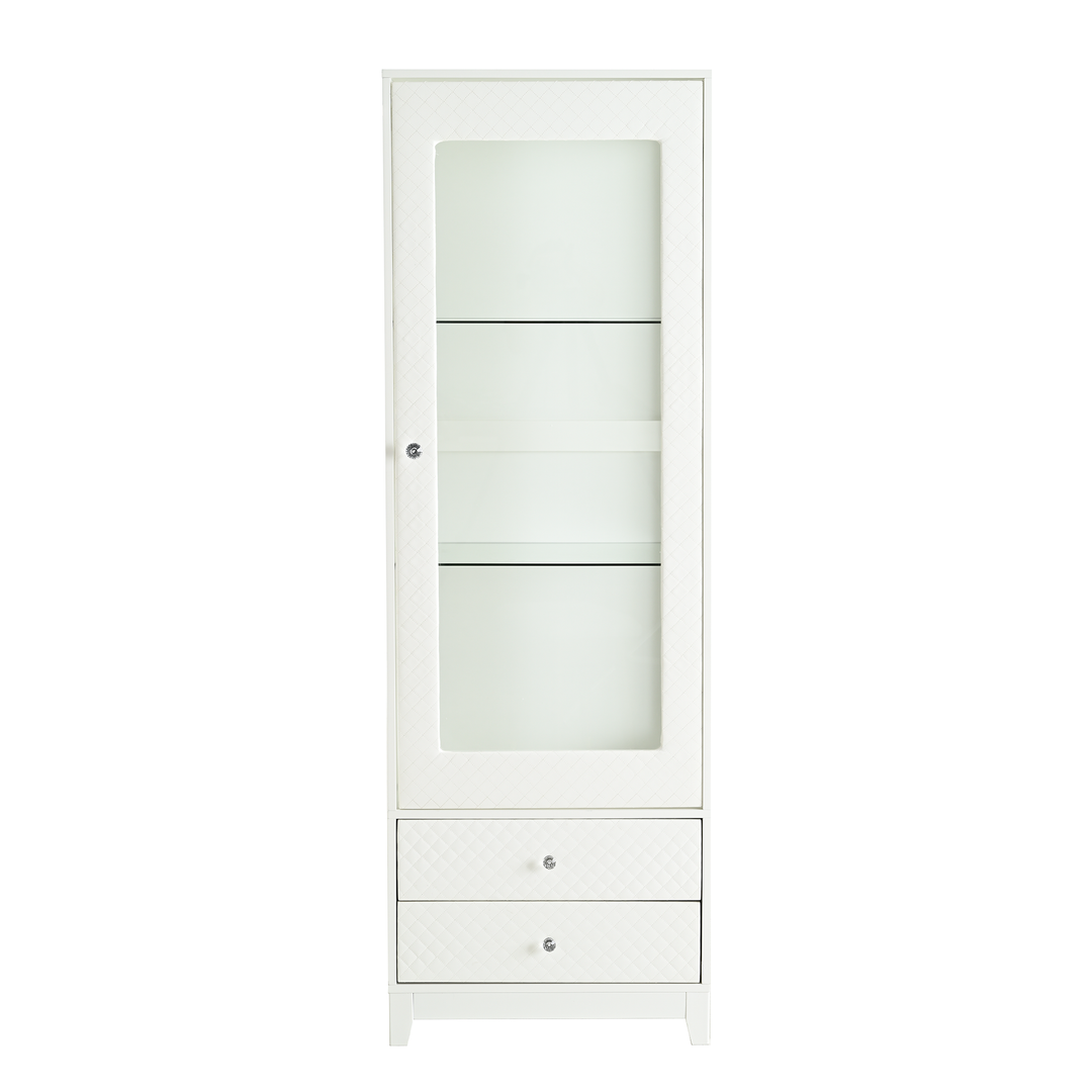 Modern Upholstered Glass Display Cabinet with Adjustable LED Light in White