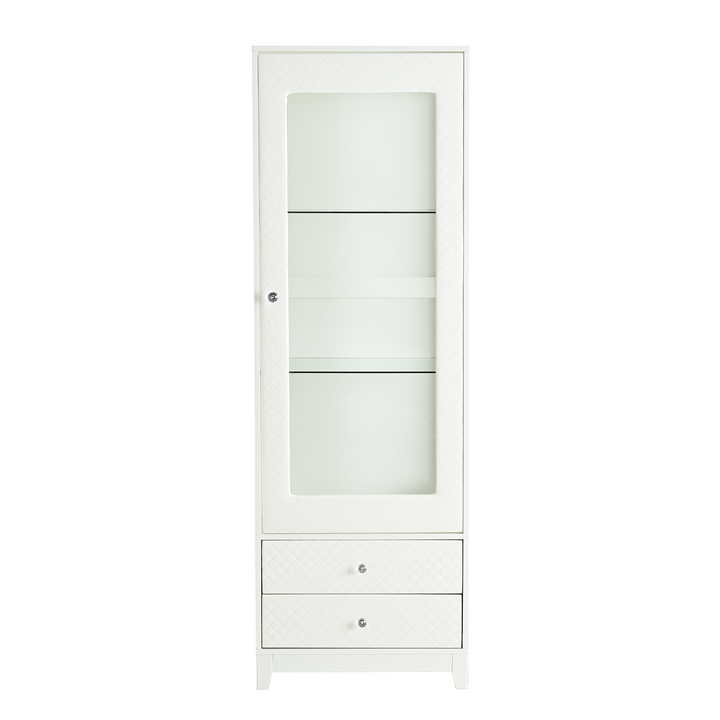 Modern Upholstered Glass Display Cabinet with Adjustable LED Light in White