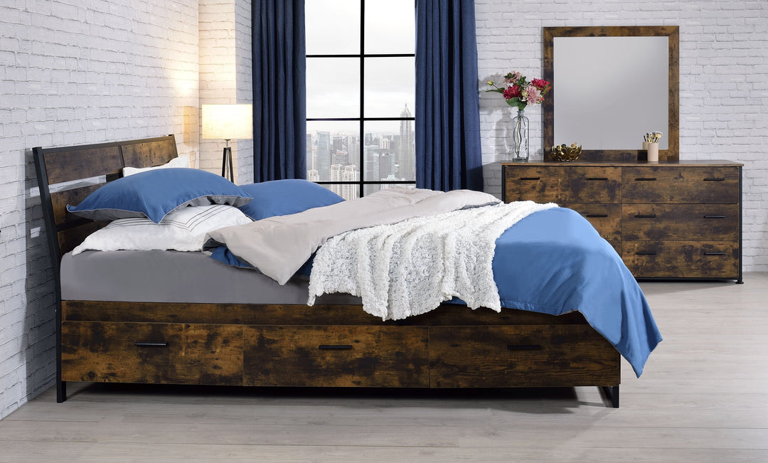 Juvanth - Eastern King Bed With Storage - Rustic Oak & Black