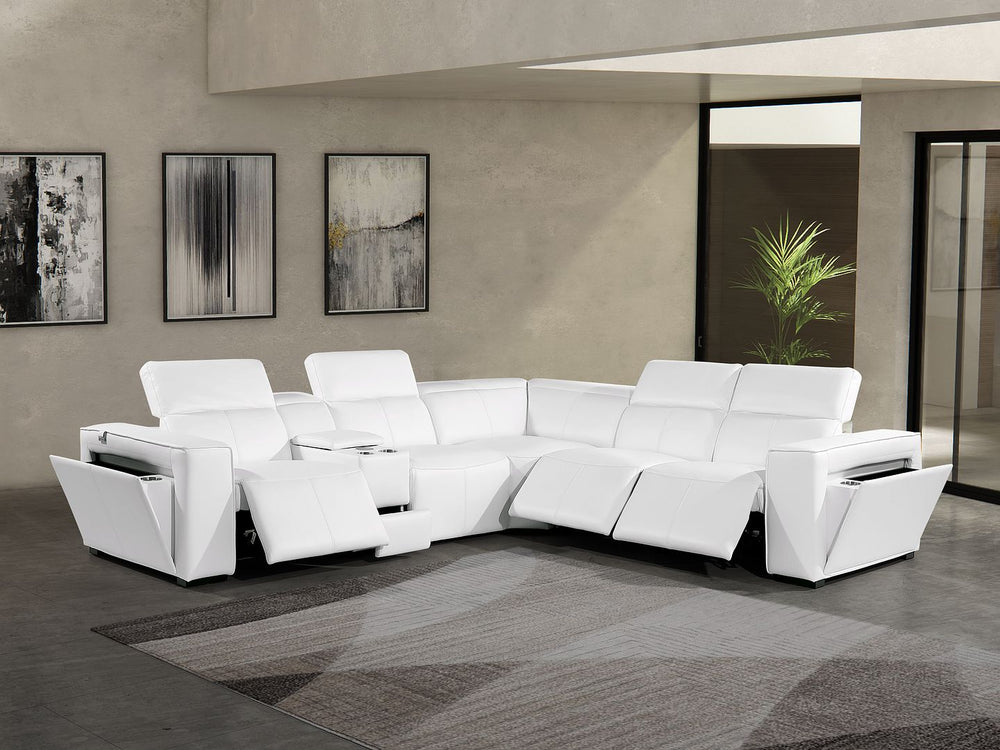 DivanItalia 1224 6-Piece L-Shaped Sectional Sofa in Top Grain Italian Leather with 3 Power Recliners & Power Headrests - White