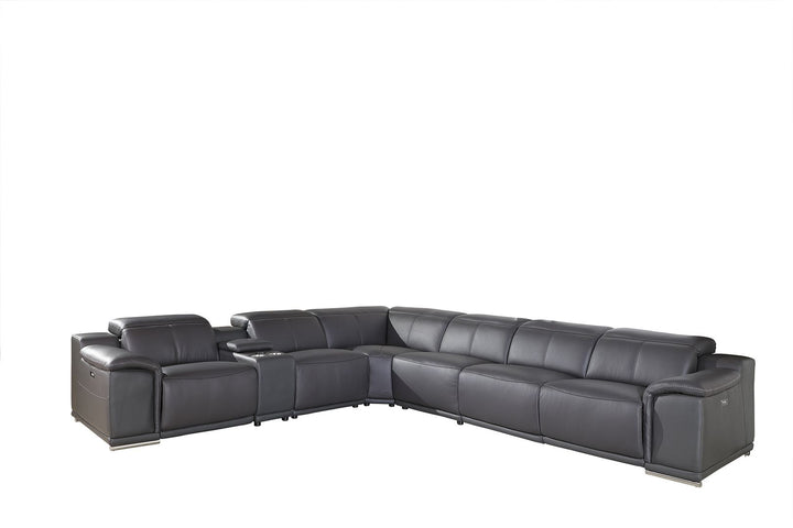 DivanItalia 9762 7-Piece L Shaped Top Grain Italian Leather Sectional Sofa with 4 Power Recliners - Dark Gray