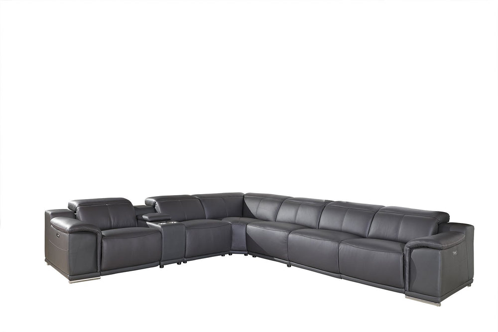 DivanItalia 9762 7-Piece L Shaped Top Grain Italian Leather Sectional Sofa with 4 Power Recliners - Dark Gray