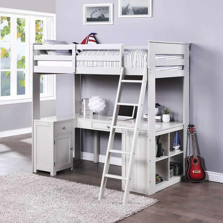Ambar - Twin Loft Bed With Desk & Bookcase & Chest - Light Gray