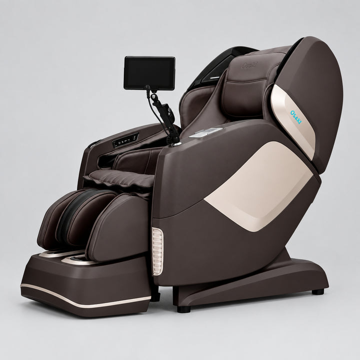 Premium dark brown Osaki 4D Maestro LE 2.0 massage chair perspective side view.