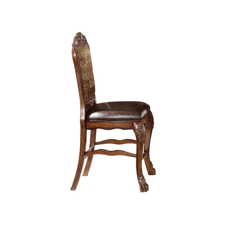 Dresden Counter Height Chair (Set-2) in Vintage Synthetic Leather Seat &amp; Floral Fabric Back &amp; Cherry Oak Finish