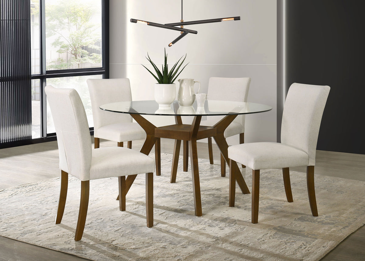 Paxton - 5 Piece Round Glass Top Dining Set With Beige Parsons Chairs
