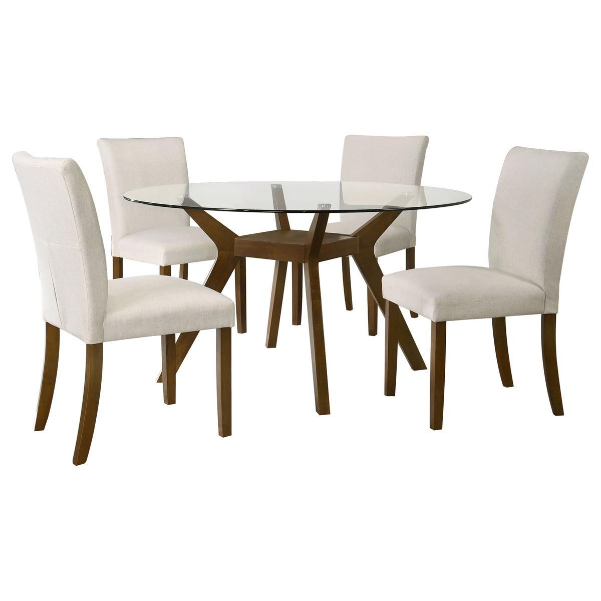 Paxton - 5 Piece Round Glass Top Dining Set With Beige Parsons Chairs