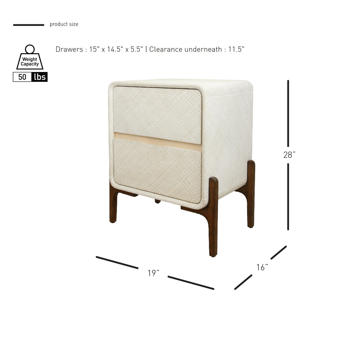 Lotie Nightstand/Side Table 2 Drawers Walnut Legs - Whitewash - view 2