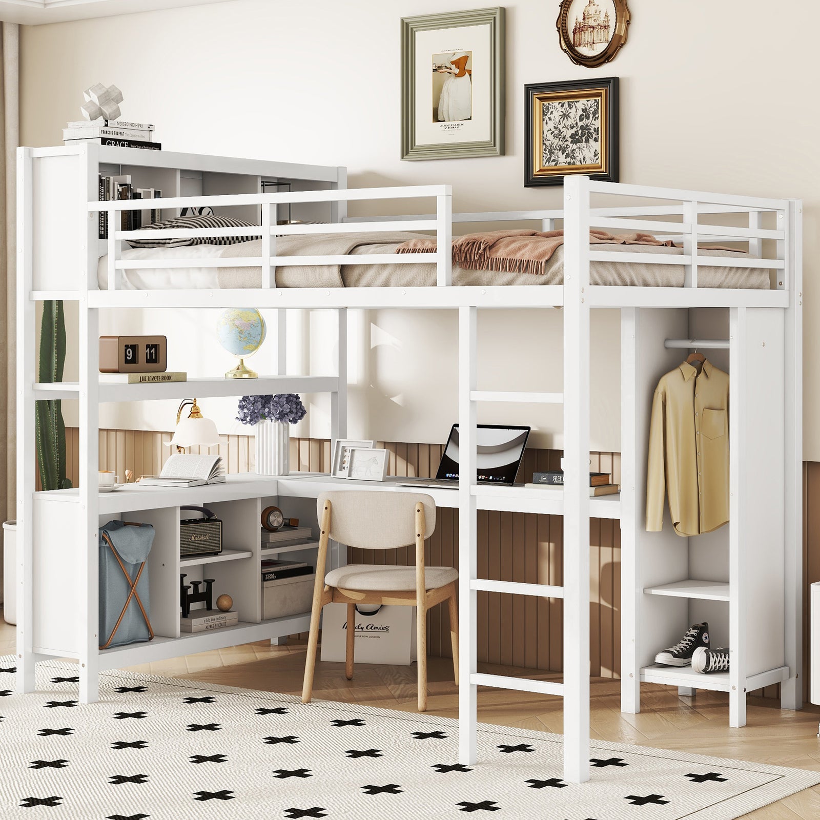 Full size Heavy Duty Metal Loft Bed with Wardrobe And L-shaped Desk, White
