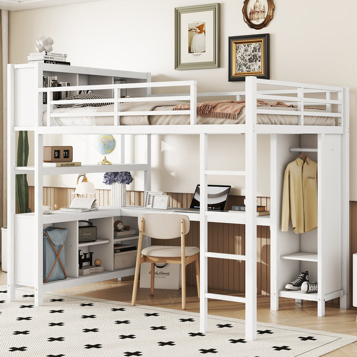 Full size Heavy Duty Metal Loft Bed with Wardrobe And L-shaped Desk, White