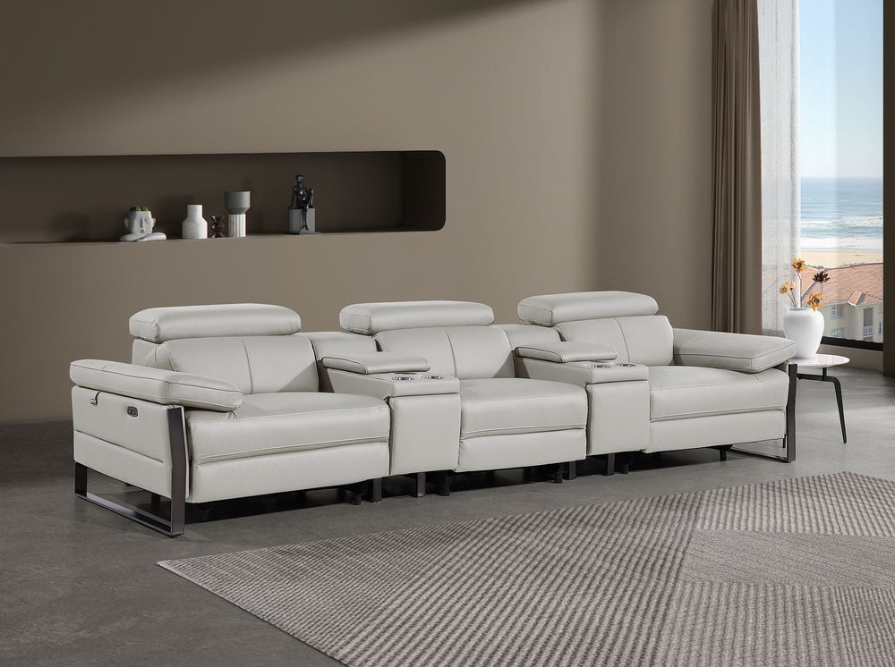 DivanItalia 1246 Modular Power Triple Reclining Dual Console Sofa with Power Reclining Headrests – Top Grain Italian Leather - Light Gray