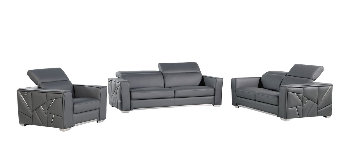 DivanItalia 1120 3-Piece Sofa Set with Adjustable Headrest in Top-Grain Italian Leather - Dark Gray