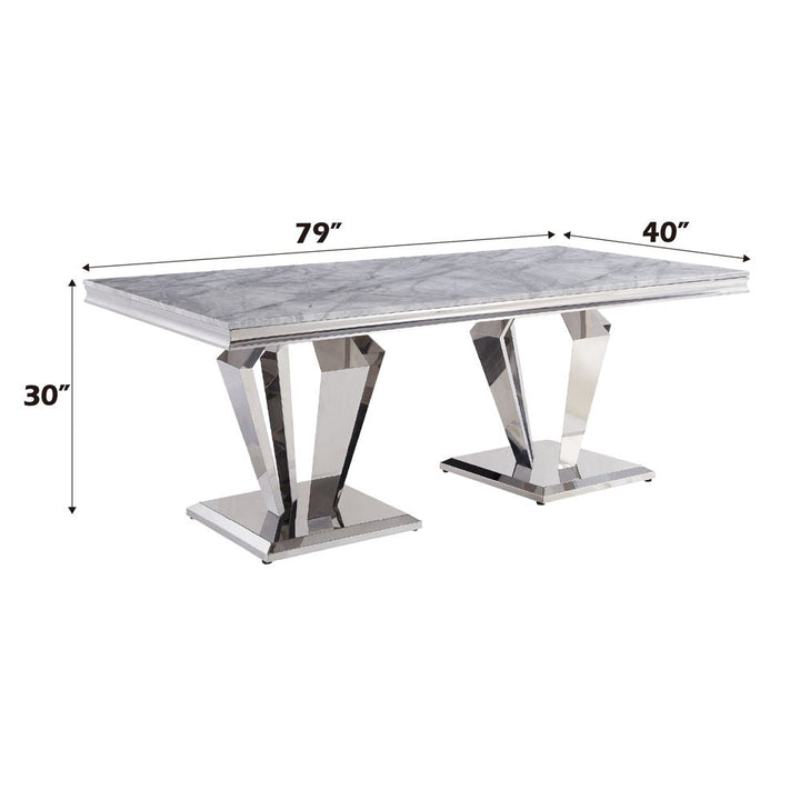 Satinka - Dining Table - Light Gray Printed Faux Marble Top & Mirrored Silver