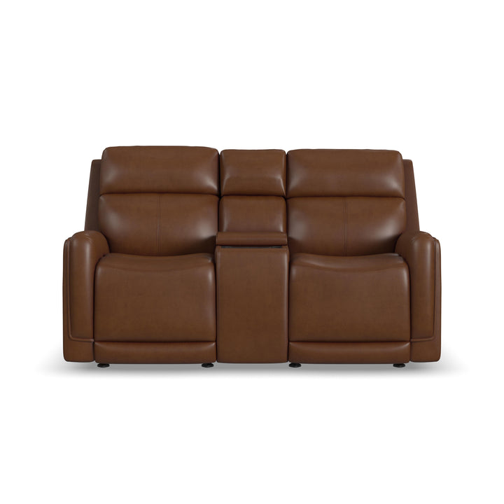 Alister Leather Power Gliding Loveseat with Console, Power Headrests &amp; Lumbar in Sedona