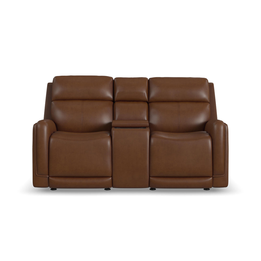 Alister Leather Power Gliding Loveseat with Console, Power Headrests & Lumbar in Sedona