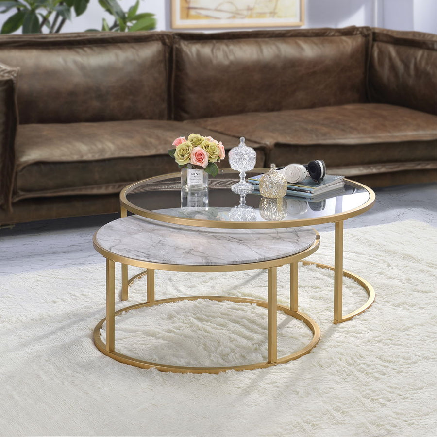 ACME Furniture Shanish Nesting Table Set Faux Marble Top & Gold