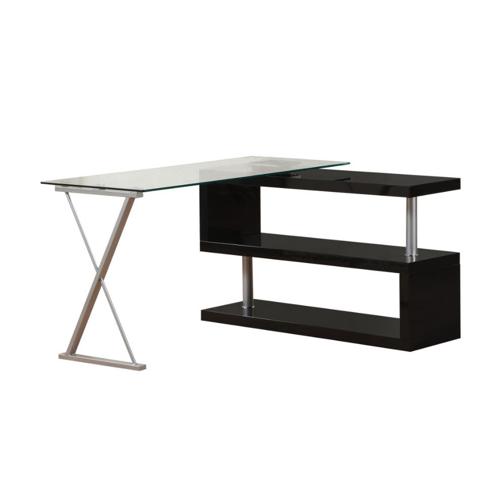 Buck - Writing Desk With Swivel - Clear Glass Top & Black High Gloss
