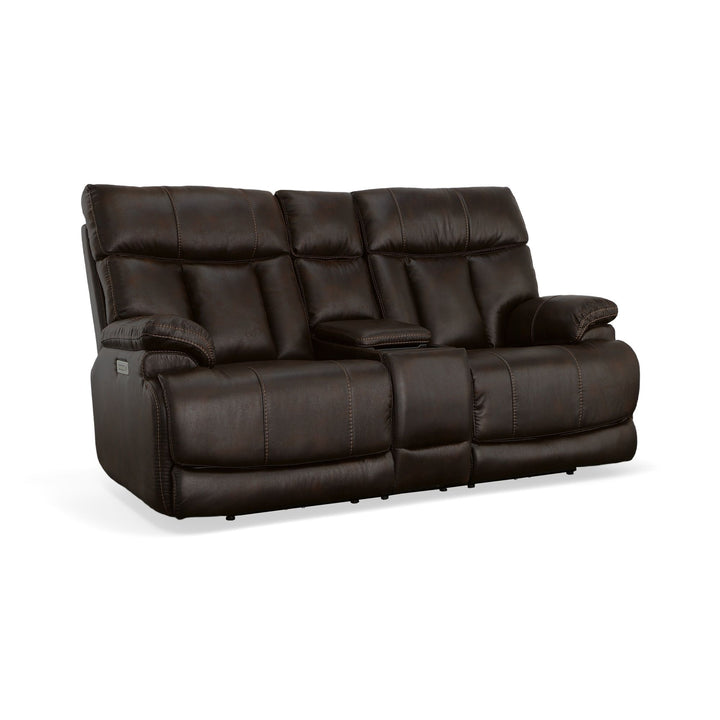 Clive Fabric Power Reclining Loveseat with Console, Power Headrests &amp; Lumbar in Clove