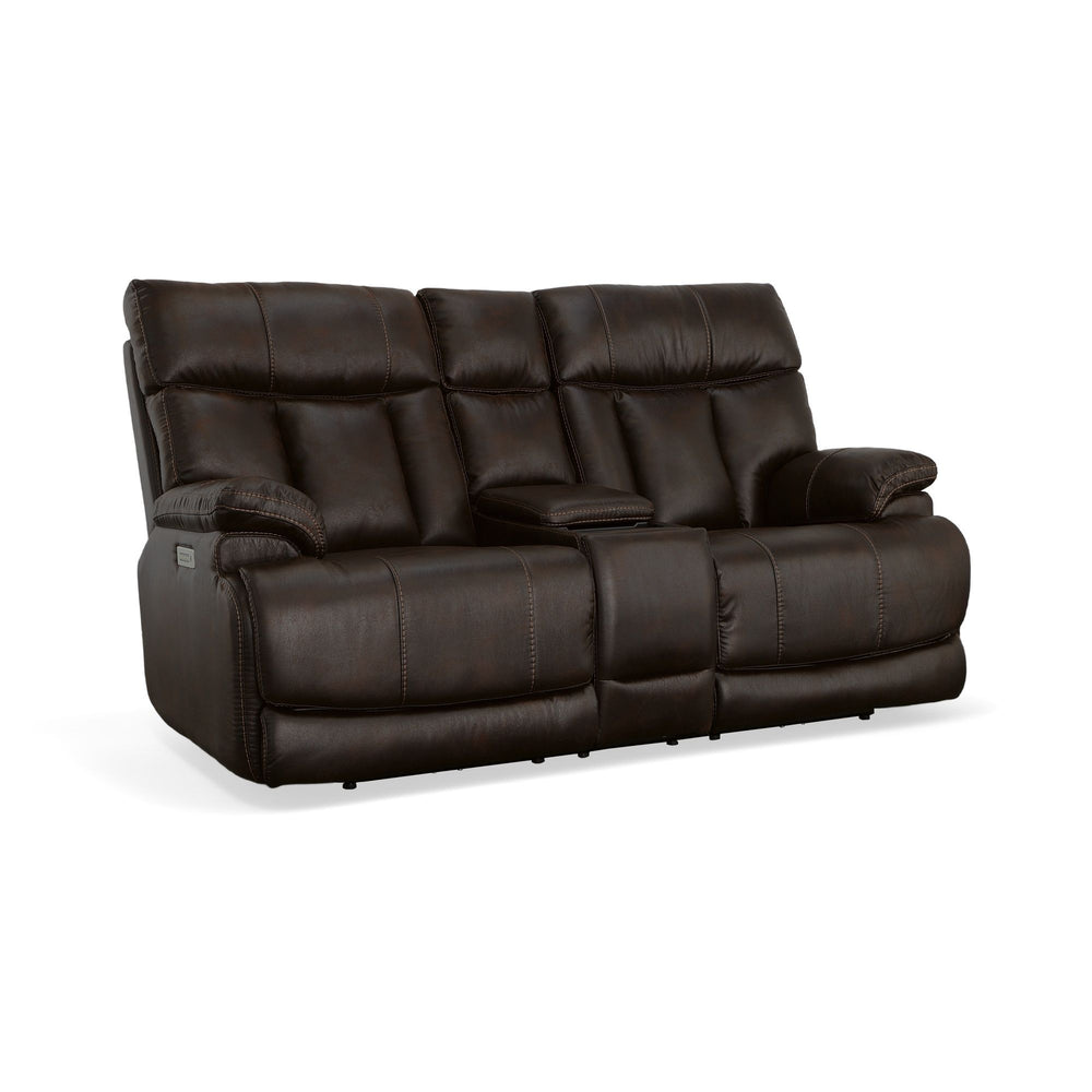 Clive Fabric Power Reclining Loveseat with Console, Power Headrests & Lumbar in Clove