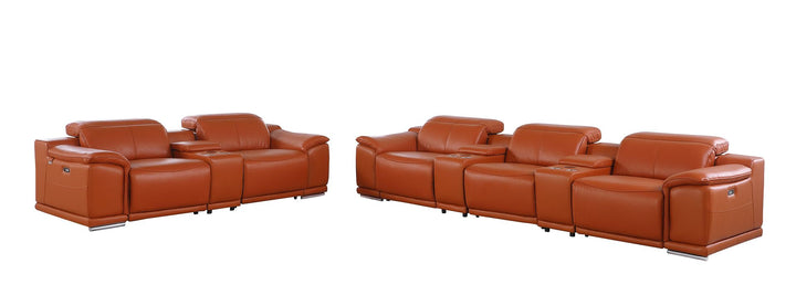 DivanItalia 9762 8-Piece Modular Power Reclining Sofa and Console Loveseat Set with Top Grain Italian Leather - Camel