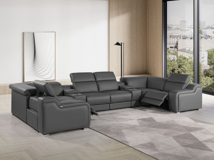DivanItalia 1116 8-Piece U-Shaped Sectional Sofa in Top Grain Italian Leather with 2 Power Recliners &amp; Power Headrests – with Console - Dark Gray