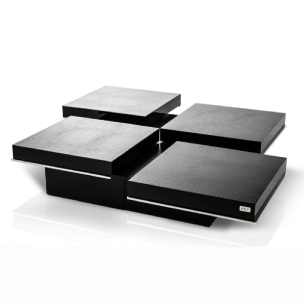 Horizon - Modern Black Crocodile Coffee Table w/ Pull Out Squares