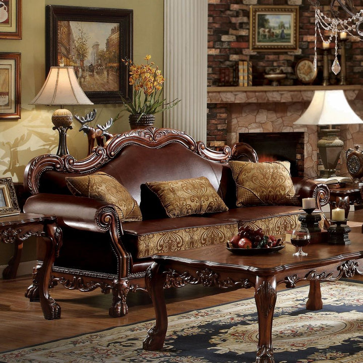 Dresden Sofa with 3 Pillows in Brown Leatherette &amp; Chenille, Cherry Oak