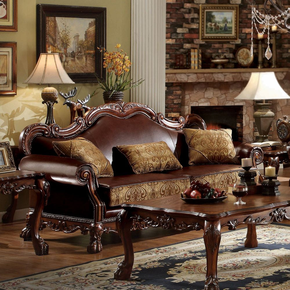 Dresden Sofa with 3 Pillows in Brown Leatherette & Chenille, Cherry Oak