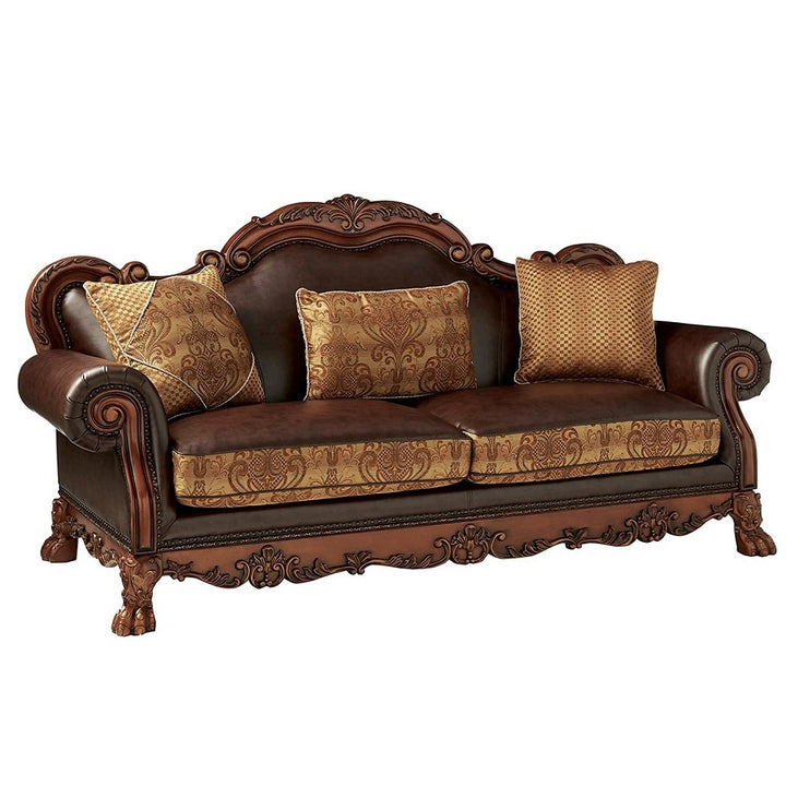 Dresden Sofa with 3 Pillows in Brown Leatherette &amp; Chenille, Cherry Oak
