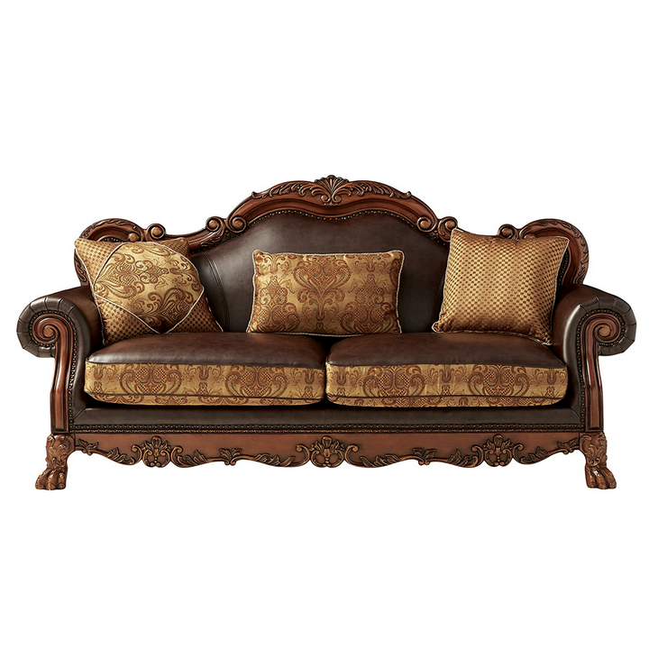 Dresden Sofa with 3 Pillows in Brown Leatherette &amp; Chenille, Cherry Oak