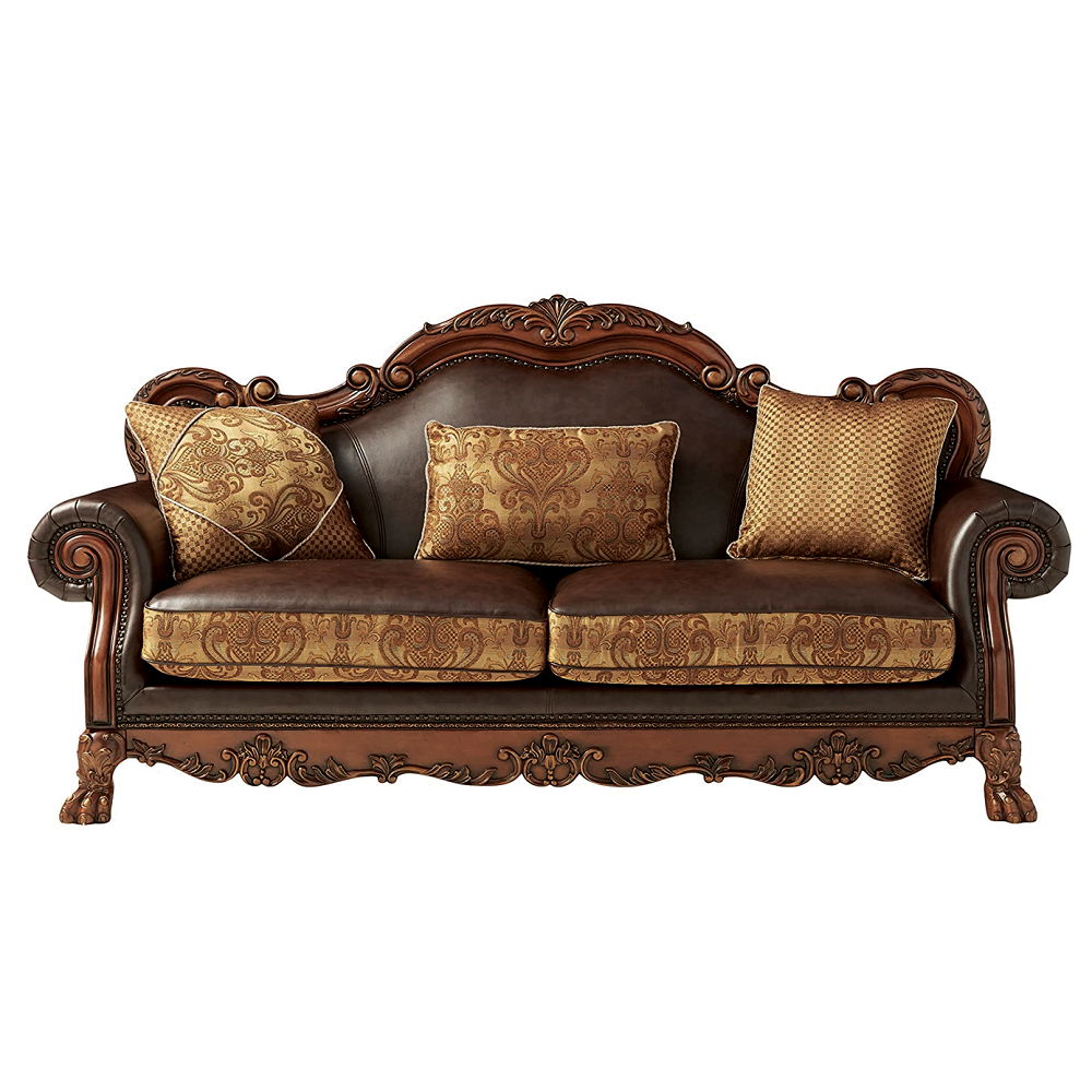 Dresden Sofa with 3 Pillows in Brown Leatherette & Chenille, Cherry Oak