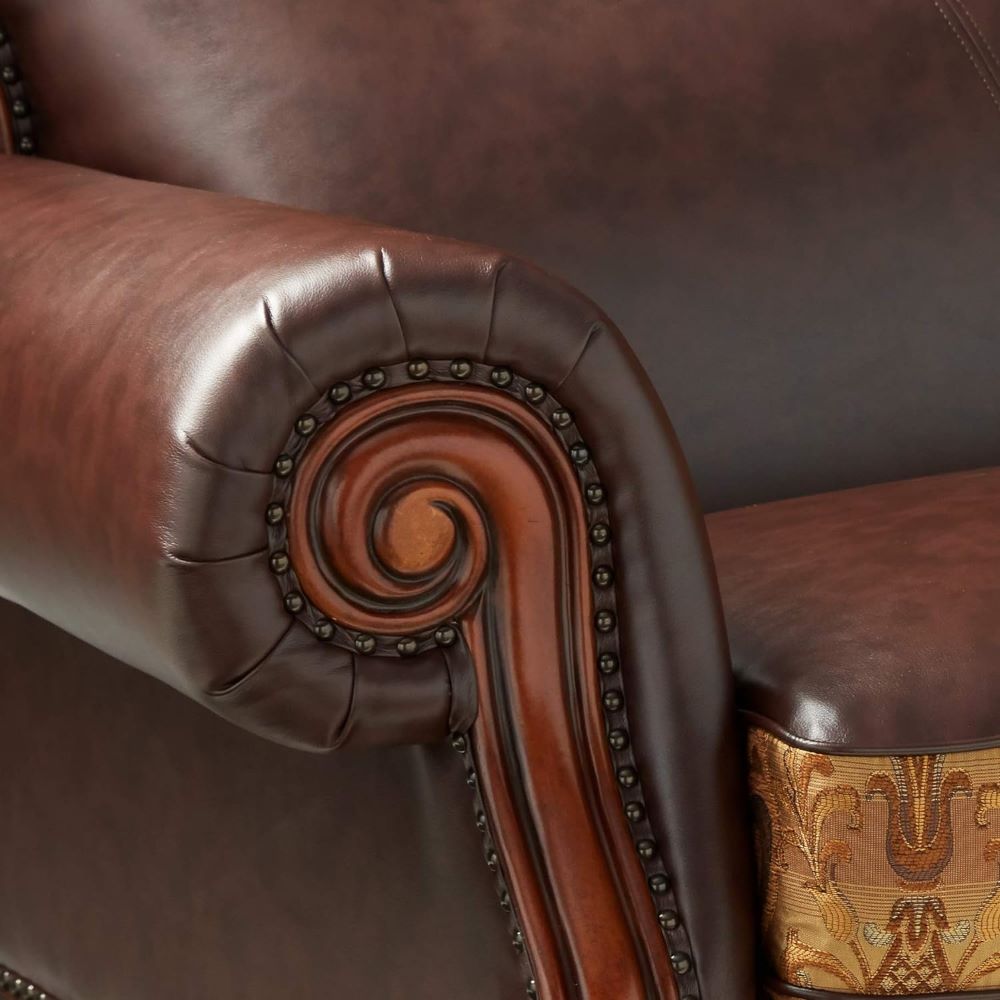Dresden Sofa with 3 Pillows in Brown Leatherette & Chenille, Cherry Oak