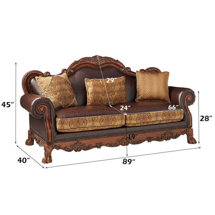 Dresden Sofa with 3 Pillows in Brown Leatherette &amp; Chenille, Cherry Oak - dimensions