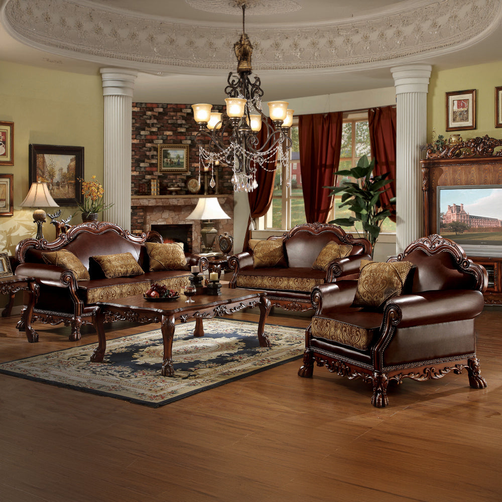Dresden Sofa with 3 Pillows in Brown Leatherette & Chenille, Cherry Oak - lifestyle