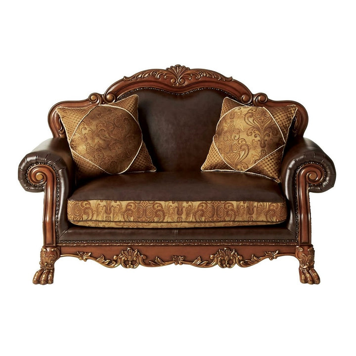 Dresden Loveseat with 2 Pillows in Brown Leatherette &amp; Chenille, Cherry Oak