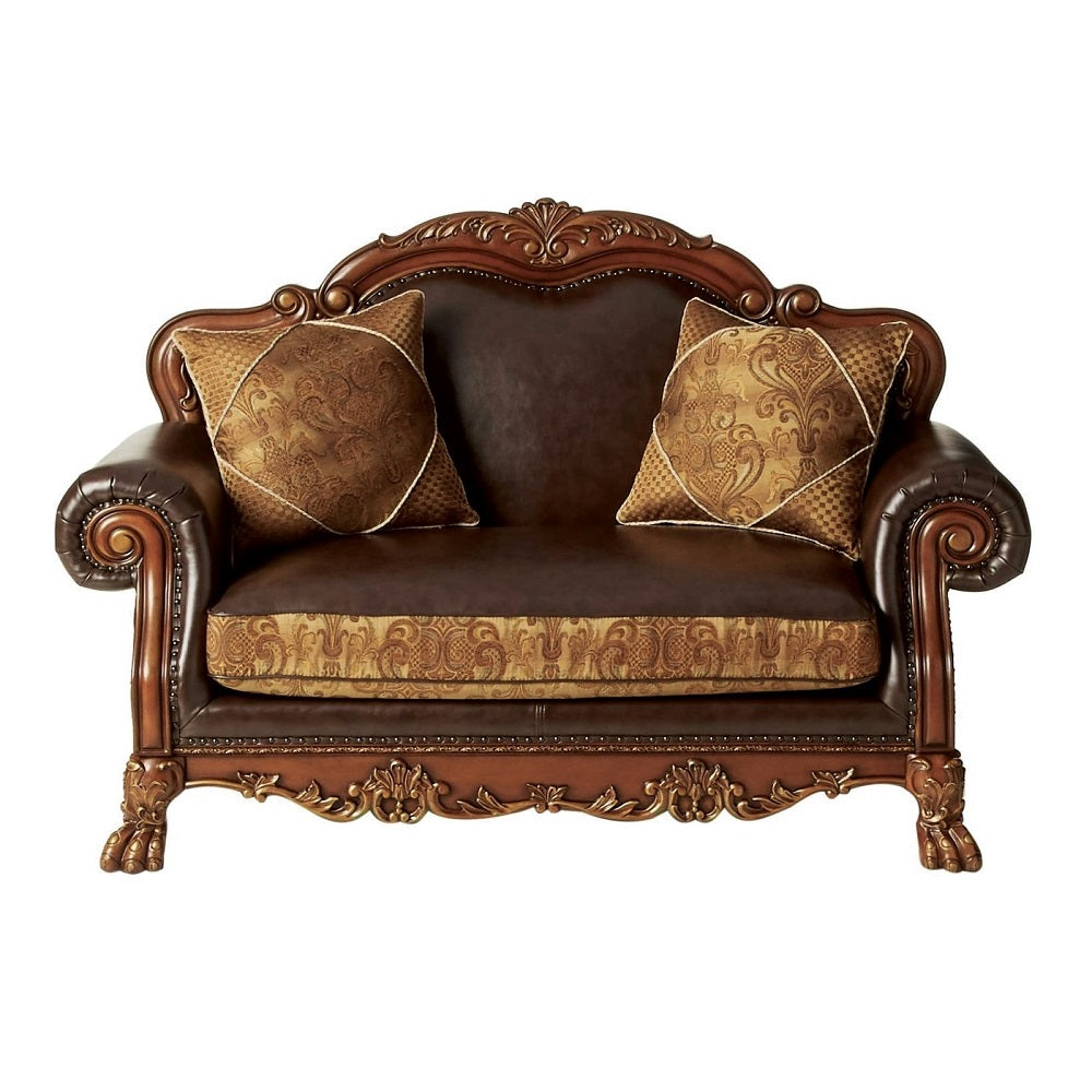 Dresden Loveseat with 2 Pillows in Brown Leatherette & Chenille, Cherry Oak