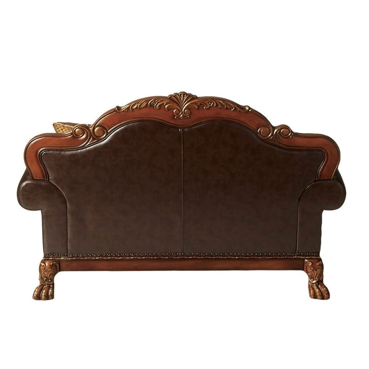 Dresden Loveseat with 2 Pillows in Brown Leatherette &amp; Chenille, Cherry Oak