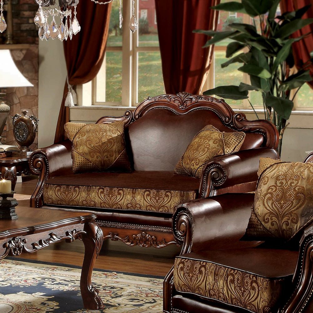 Dresden Loveseat with 2 Pillows in Brown Leatherette & Chenille, Cherry Oak