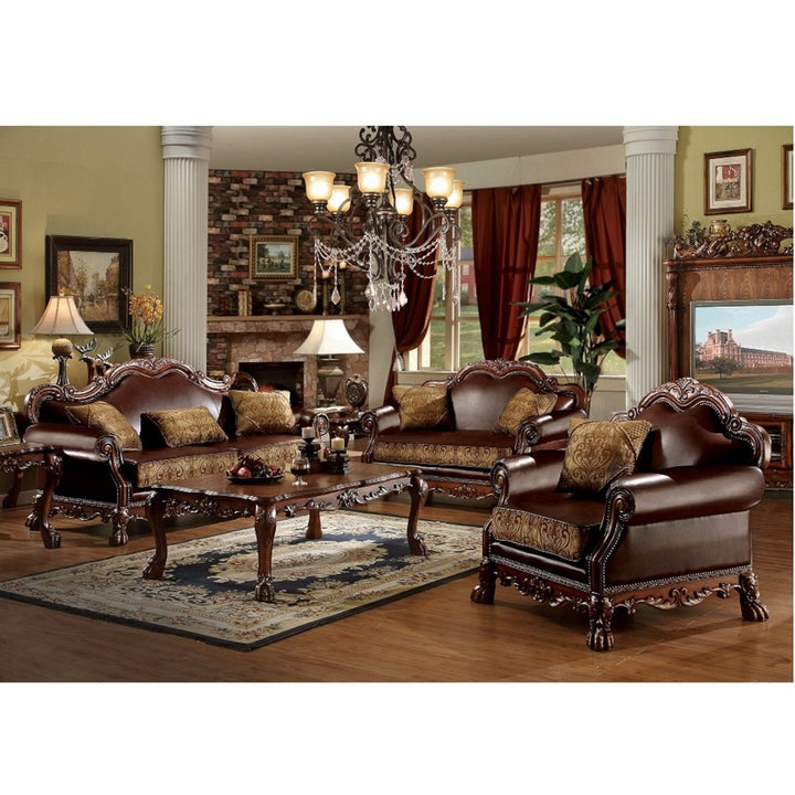 Dresden Loveseat with 2 Pillows in Brown Leatherette &amp; Chenille, Cherry Oak - lifestyle
