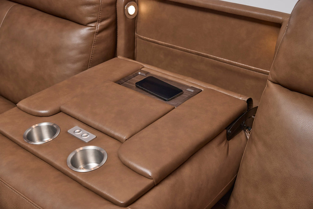 Dutch Leather Power Reclining Sofa with Console, Power Headrest, & Lumbar in Cortado