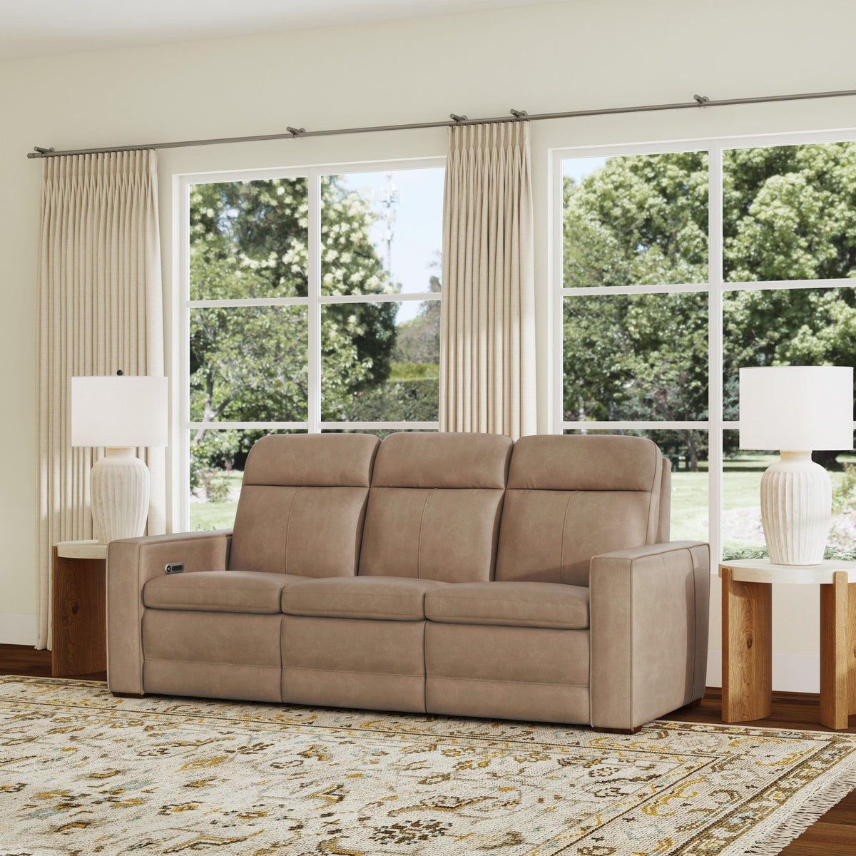 Dutch Leather Power Reclining Sofa with Console, Power Headrest, & Lumbar in Desert