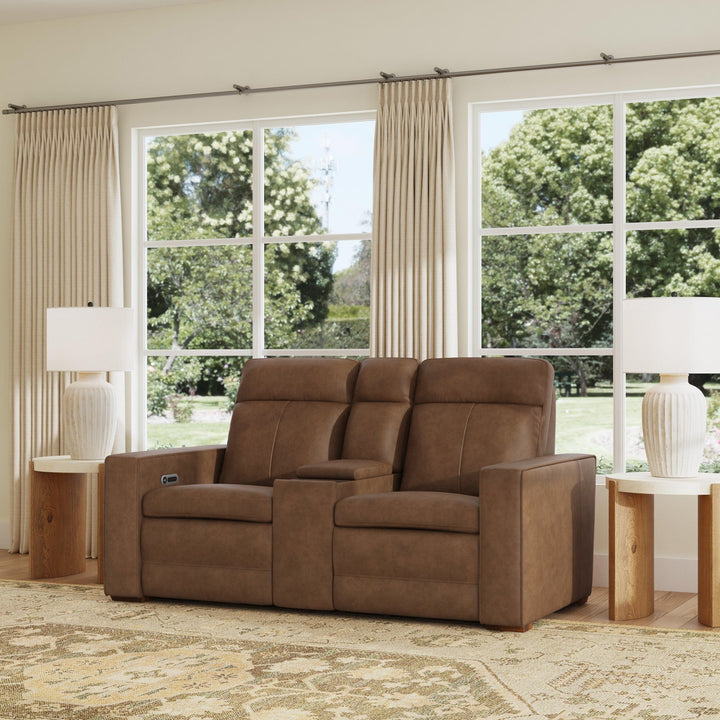 Dutch Leather Power Reclining Loveseat with Console, Power Headrest &amp; Lumbar in Cortado